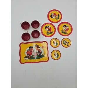 Vtg Ohio Art Tin Litho 173 4 Cups 3 Saucer 4 Plates 1 Tray Child Kitchen Playset